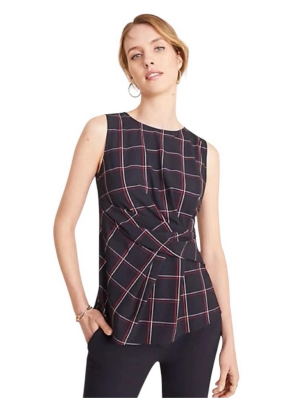 Ann Taylor Window Pane Plaid Sleeveless Twist Waist Top Sz 8